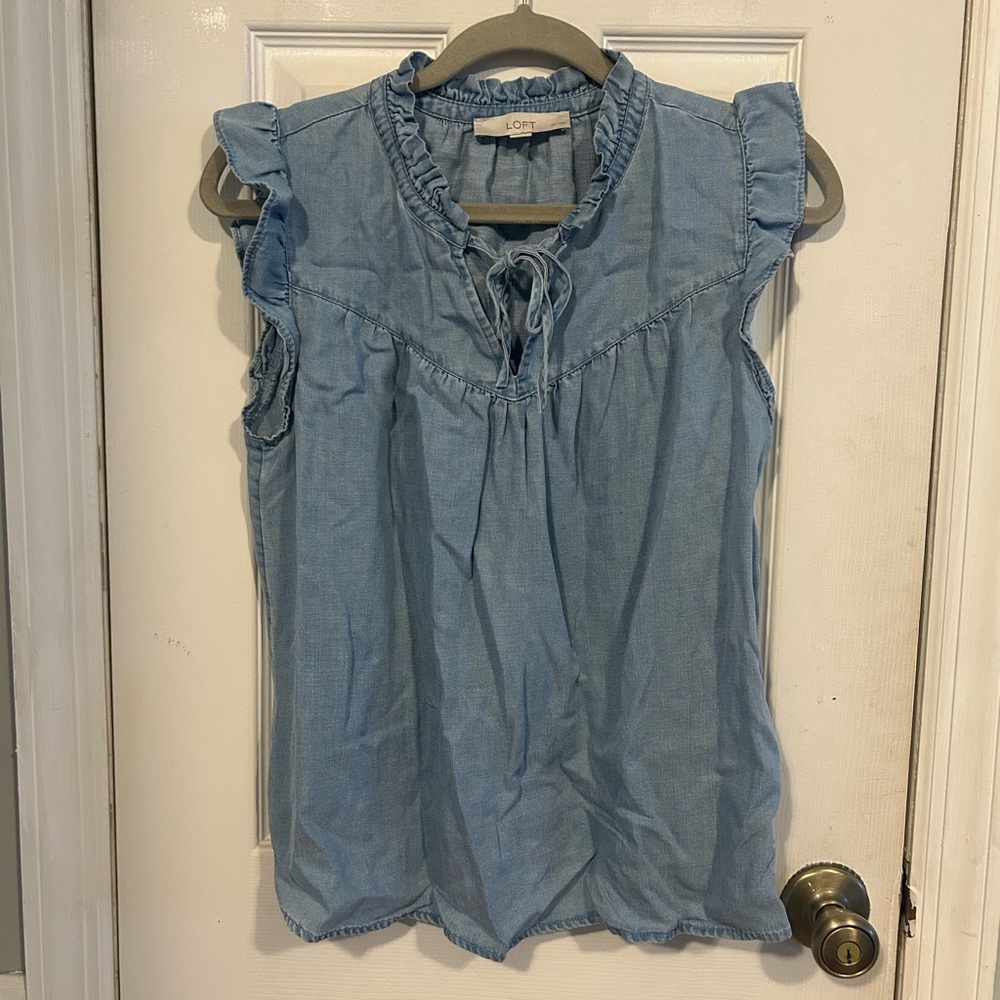 LOFT Light Blue Chambray Ruffle Tie-Neck Sleeveless Top